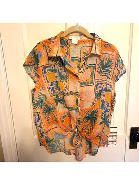 Large Sleeveless Blouse Top Colorful Tropical Hawaiian Print LIFE Lemons Palms